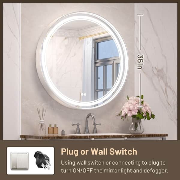 KEONJINN Round LED Front Light Bathroom Vanity Wall Mirror 3 Colors, Anti-fog, Metal Frame