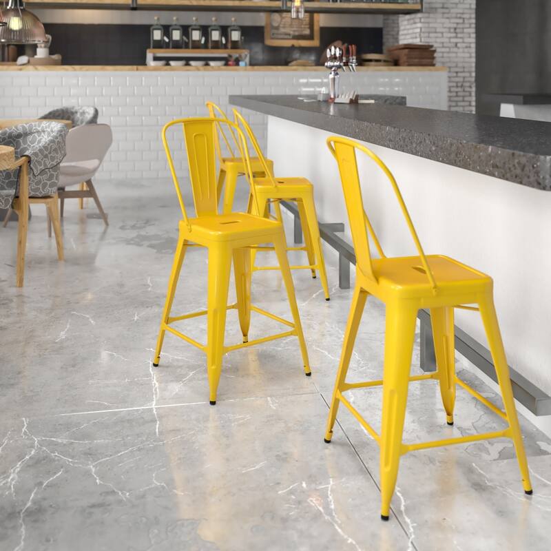 24'' High Metal Indoor-Outdoor Counter Height Stool with Back - Yellow
