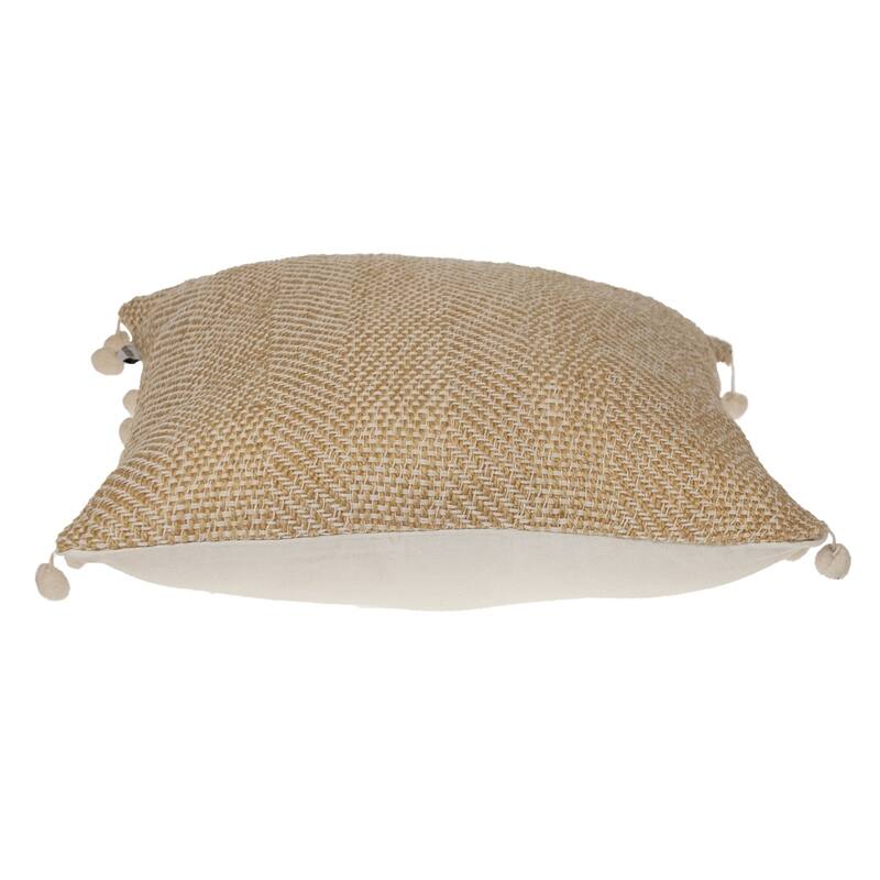 Woven Square Throw Pillow with Pom Pom - 18" - Beige
