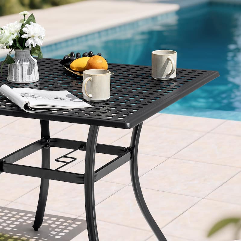 Square Cast Aluminum Outdoor Dining Table with Umbrella Hole and Mesh Tabletop, Black with Gold Speckles