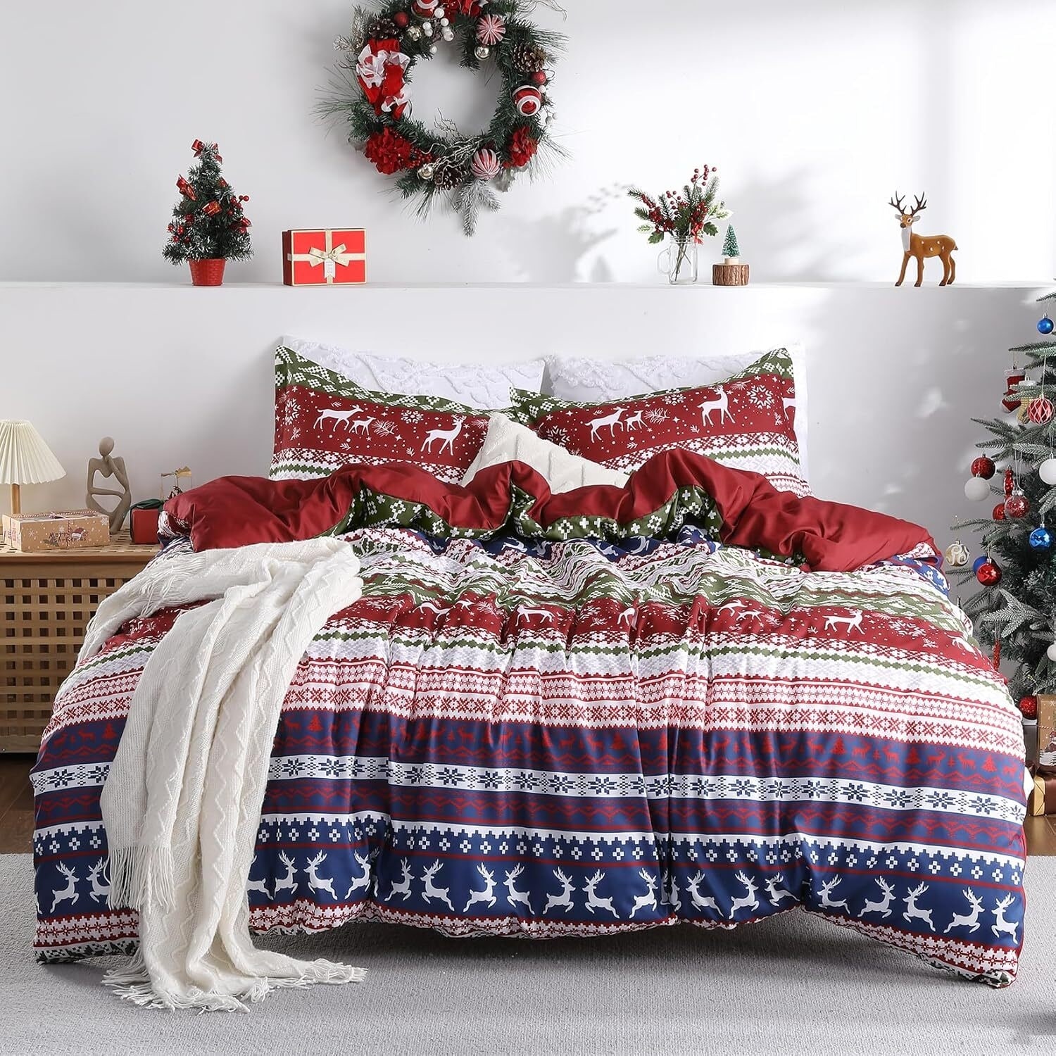 Christmas Queen Duvet Cover - Christmas Reindeer Print Duvet Cover Set (Queen, 90