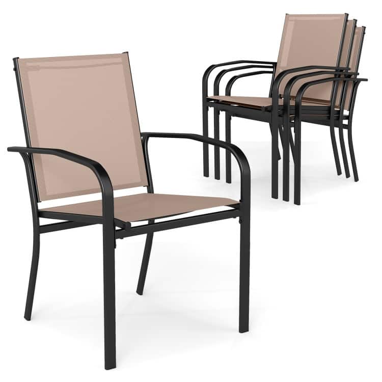 Light Brown Stackable Outdoor Dining Chairs Set of 4 with Metal Frame and Ergonomic Design - 24" x 22.5" x 35"