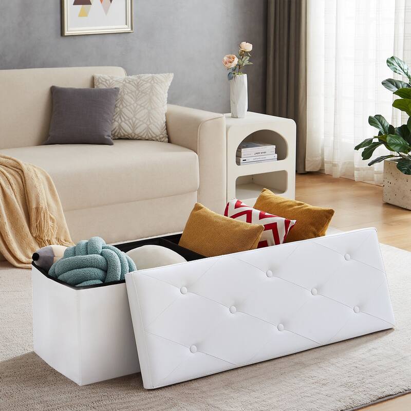2 PC Storage Folding Ottoman, Storage Footrest Stool, Faux Leather Storage Bench Cube with Padded Seat for Small Space