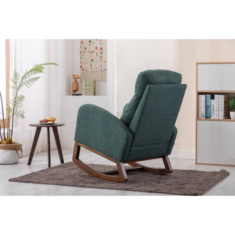 Modern Accent Upholstered Rocking Rocker High Back Arm Chair with Wooden Frame Side & Pockets for Living Room