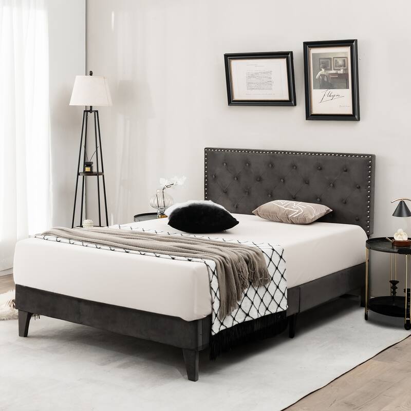 Costway Bed Frame Upholstered Platform Bed with Tufted Headboard