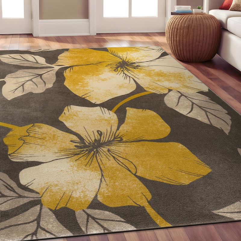 Bahamas Black White Floral Non-Slip Rubber Back Indoor Area Rug