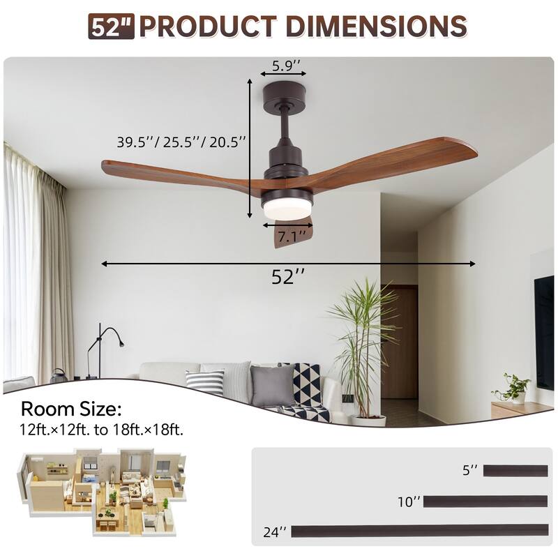 Sofucor 42“/52"/60"/48" Noiseless Walnut Wood Ceiling Fan with Remote Control, Integrated Light Optional