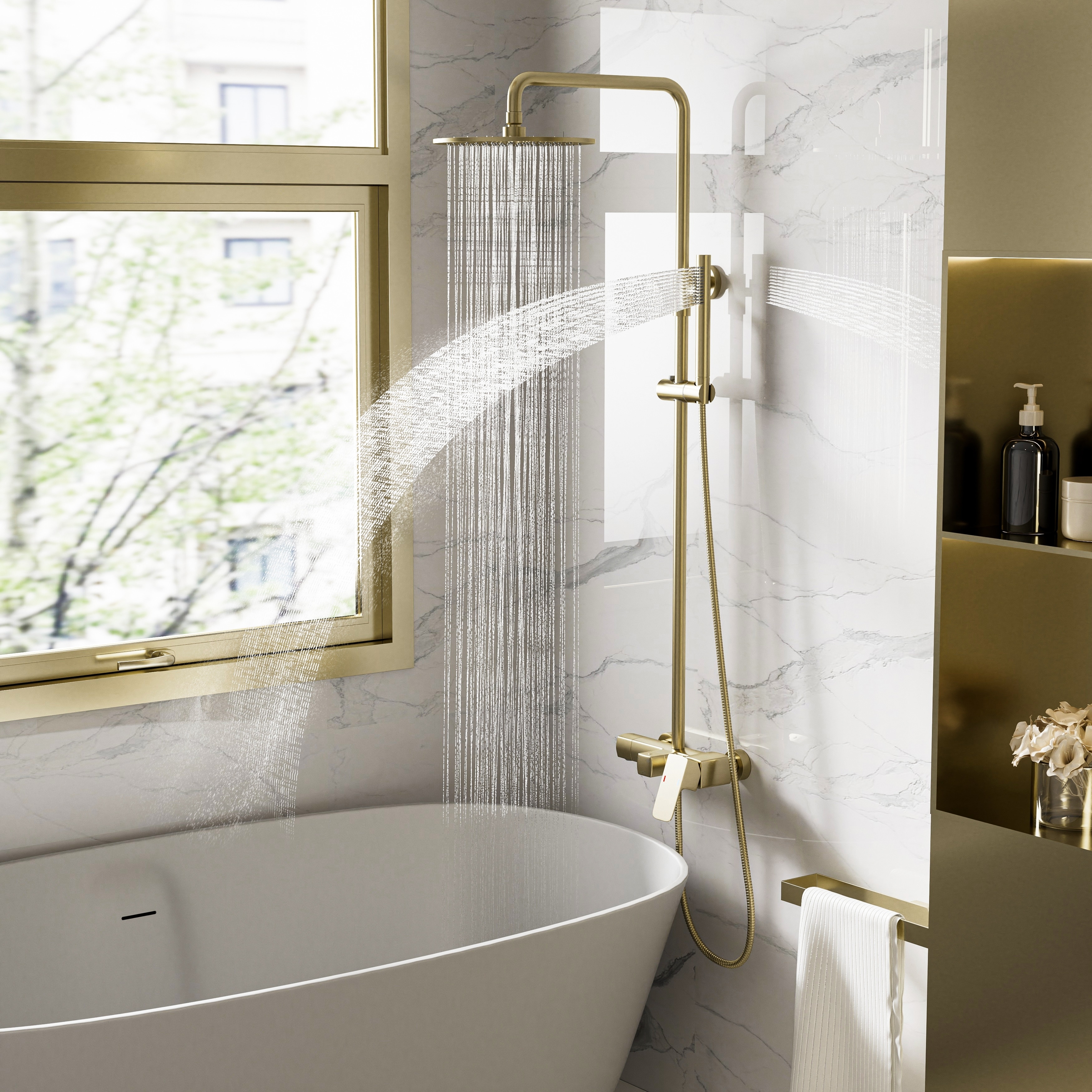 10-Inch Exposed Wall Mount Shower System with Tub Spout, Anti-Scald NSF Ceramic Valve, Dual Shower Head Combo, Air-Injection