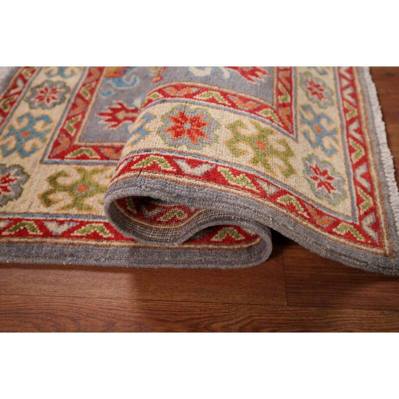 Geometric Gray Kazak Accent Rug Hand-Knotted Wool Carpet - 2'10" x 3'10"