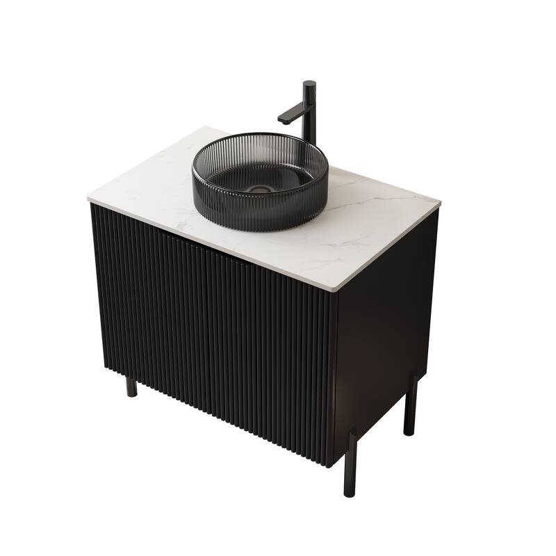 30" Bathroom Vanity with Sink,Bathroom Storage Cabinet with 2 Doors,Transparent Black Round Glass Basin and Stone Countertop