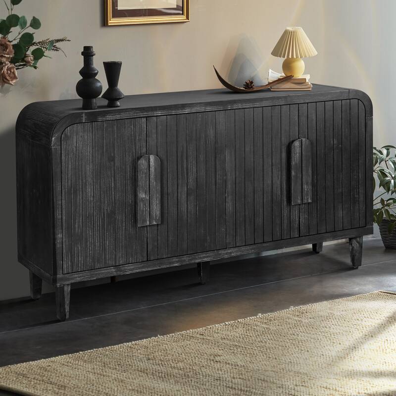 Curved Cabinet with Vertical Wood Grain Carving, 4 Door Sideboard with Adjustable Shelves, Accent Cabinet with Wooden Handles - Antique Black