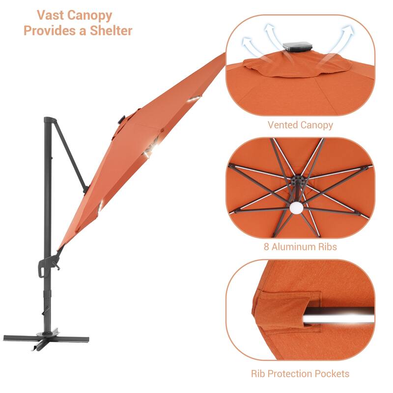 BONOSUKI 11FT LED Cantilever Patio Umbrella Angle Adjustment w/Cross Base