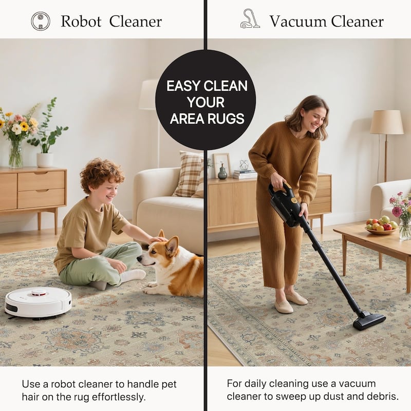 Mcow Faded Floral Vintage Collection Low-Pile Machine-Washable Area Rug