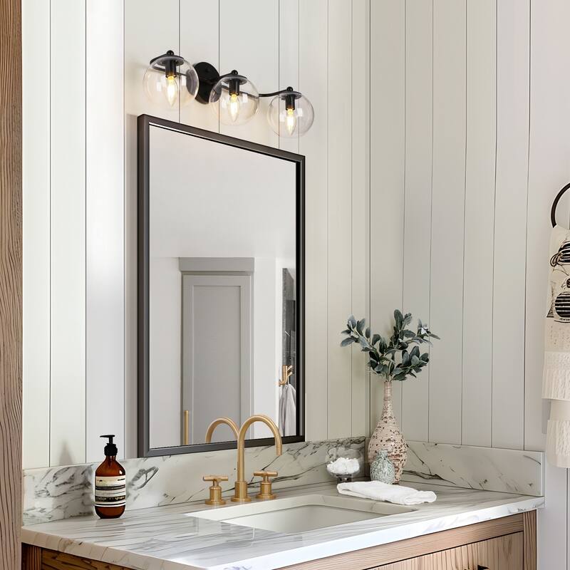 Modern 3-Light Black Bathroom Vanity Lights Linear Fixtures with Clear Triple-globe Glass Shades Wall Sconces for Bathroom