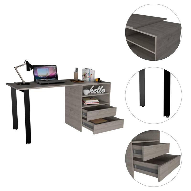 Karachi Desk - Modern Office Writing Table with Drawers & Shelves - Gray Finish