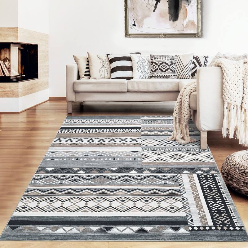 Area Rug Washable Living Room Rugs Vintage Geometric Area Rug Soft Low Pile Non-Slip Area Rug
