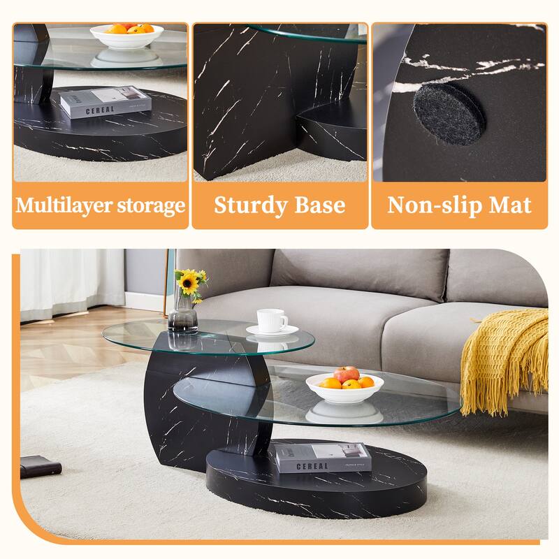 Roomfitters Double Layer Coffee Table with White Marble and Wood Grain Finish, Artistic Modern Design