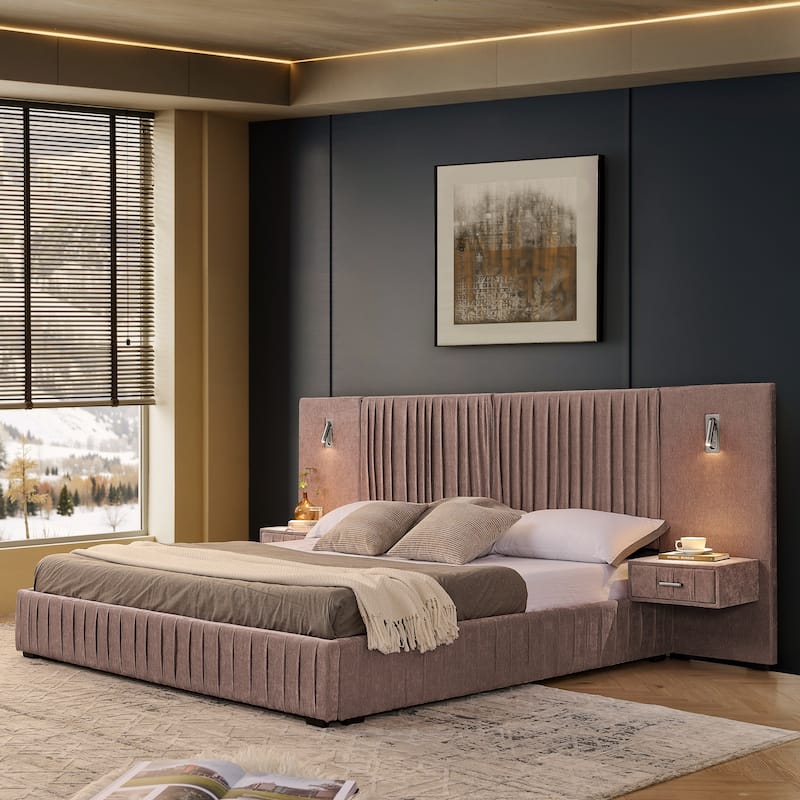 Pleating Upholstered Bed Platform Bed Frame with Enlarged Widened Headboard and Integrated Bedside Table Adjustable Bedside Lamp
