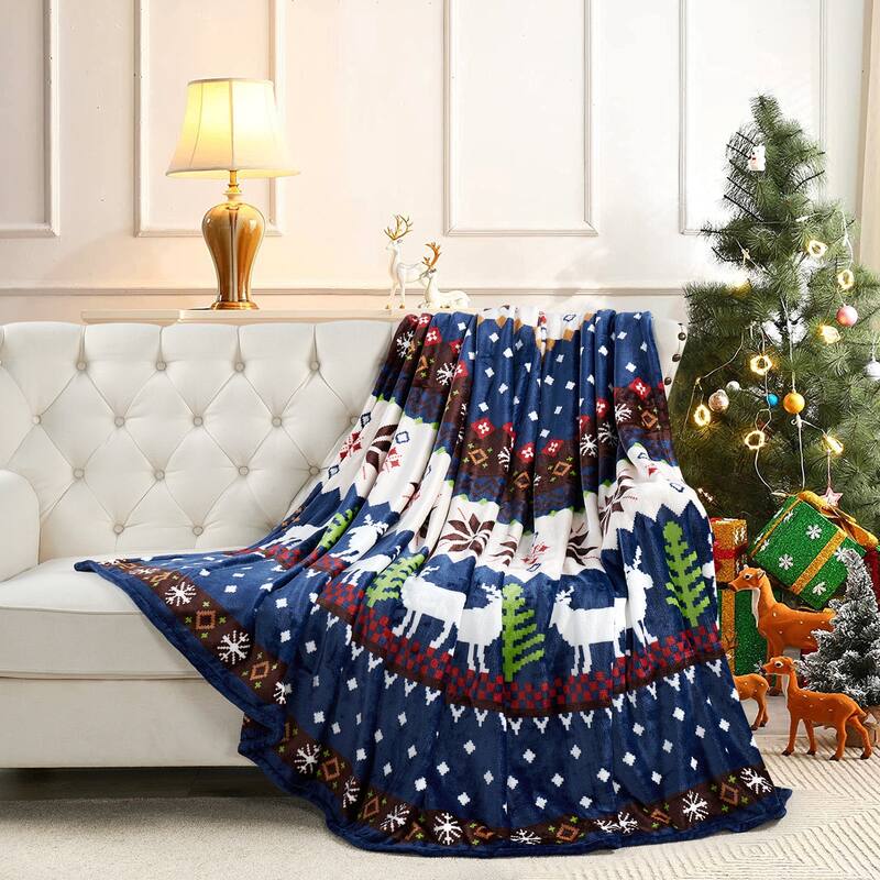 Serenta Printed Christmas Flannel Fleece Blanket - queen (90" x 90") - Blue Christmas Deer