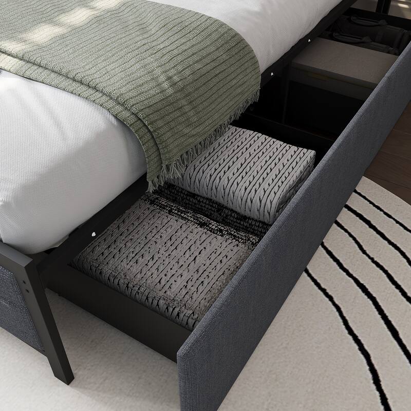 French Queen Size Bed Frame Platform with Brown/Black Storage Headboard & 4 Storage Drawers