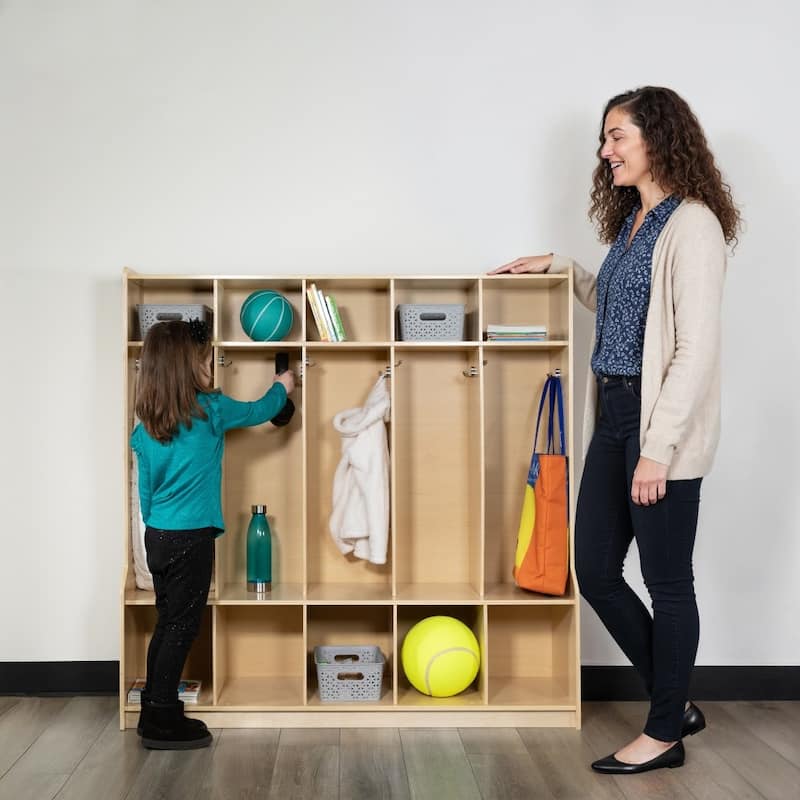 Wood School Coat Locker with Bench, Cubbies and Storage Organizer Hook - 48"W x 13.375" - 15"D x 48"H