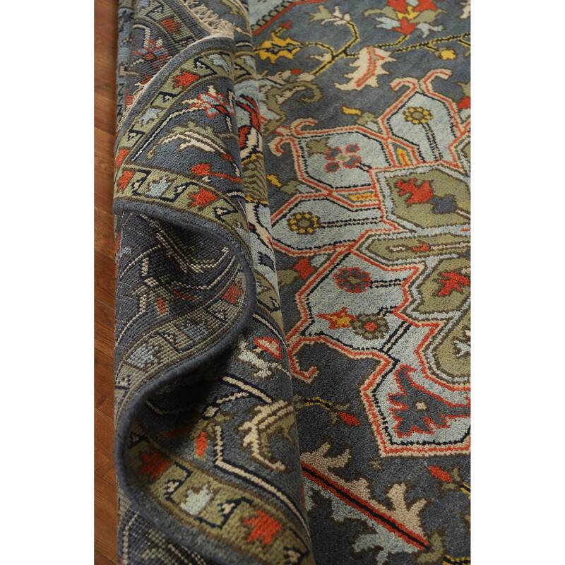 Slate Medallion Heriz Serapi Indian Area Rug Hand-Knotted Wool Carpet - 8'0" x 9'9"