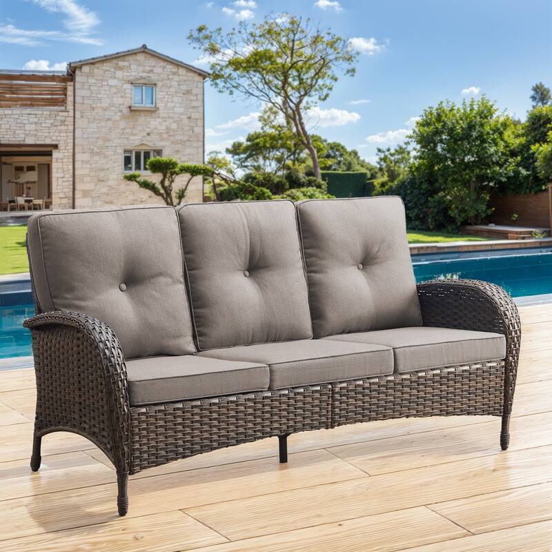 Gymojoy 3-Seat Outdoor Wicker Sofa with Professional Outdoor Cushions - 1-Piece - Brown Wicker / Grey Cushion