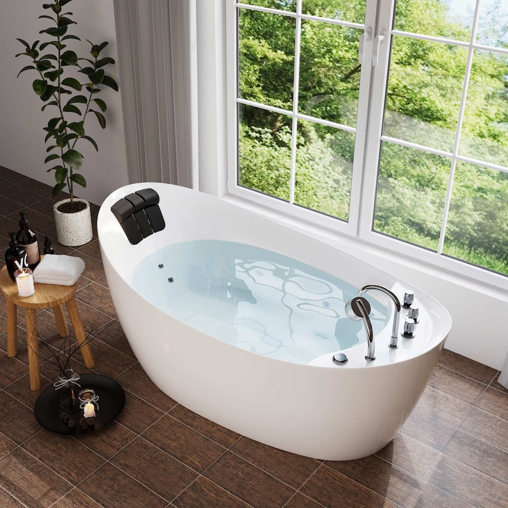 67 in. x 31 in. Center Drain Freestanding Whirlpool Bathtub Hydrotherapy Jetted Soaking Bath Tub - Tub filler in White
