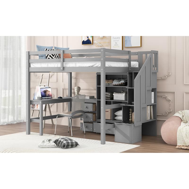 Full Size Loft Bed with L-Shaped Desk, Drawers, Cabinet, and Storage Staircase, Gray