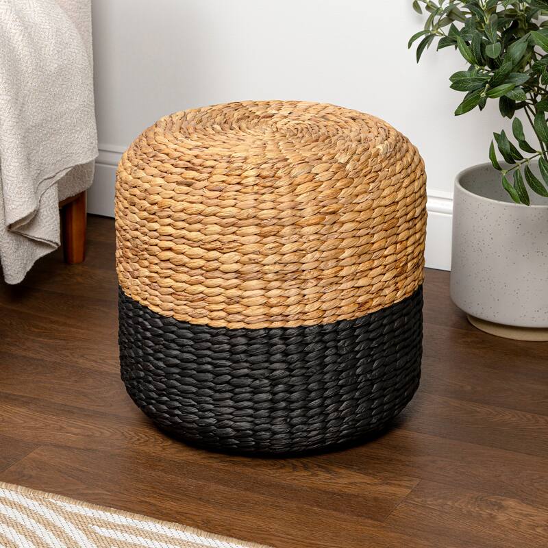 Aimee 15.7" Modern Minimalist Two-Tone Hand-Woven Hyacinth Stool - Black/Natural