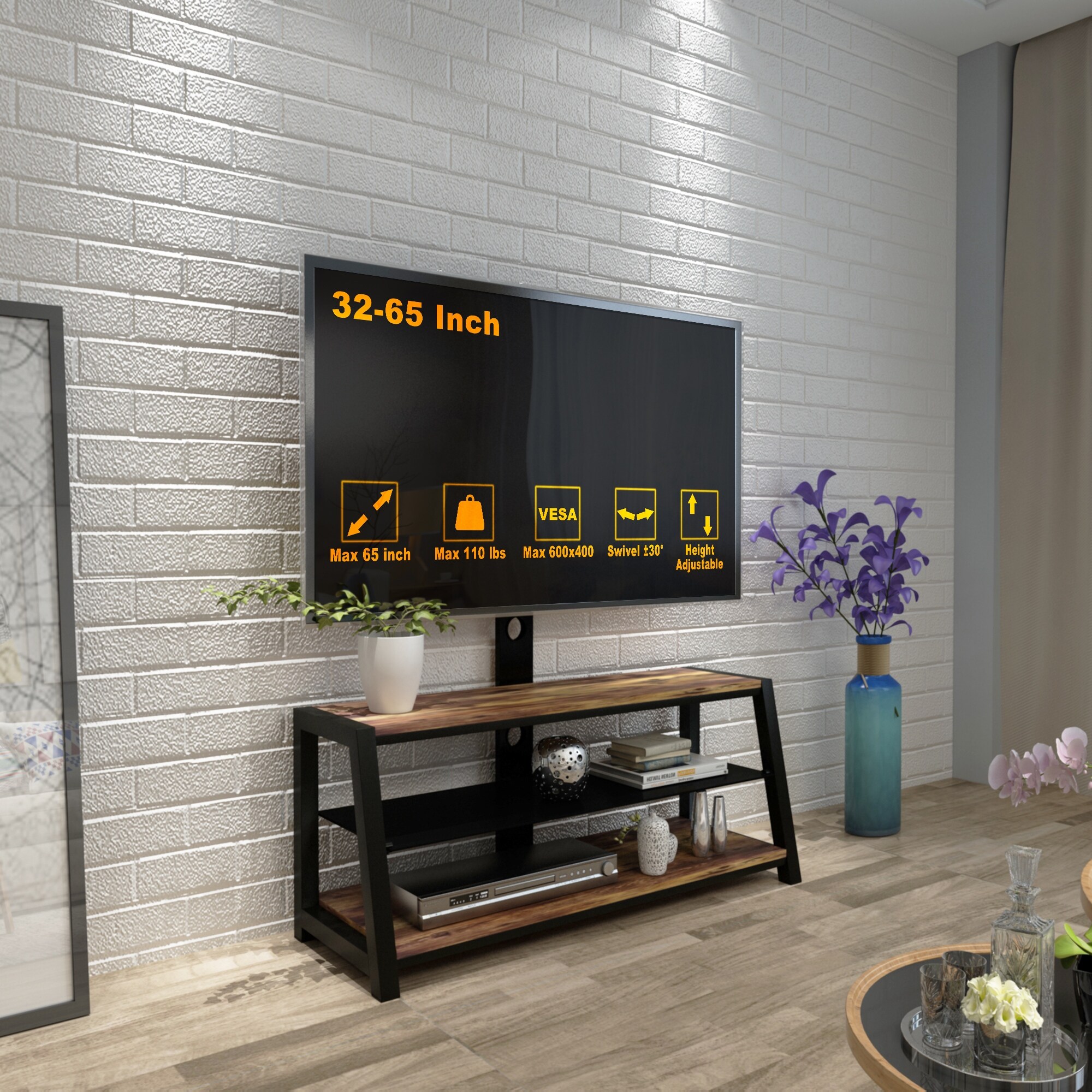 3 Tier Tempered Glass TV Stand with Swivel Mount for 32 65 inch TVS Adjustable Height and Sturdy Design Black