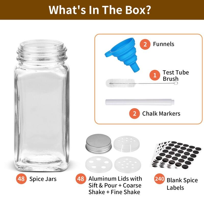48 Pcs Glass Spice Jars with Shaker Lids, Spice Labels, Airtight Caps