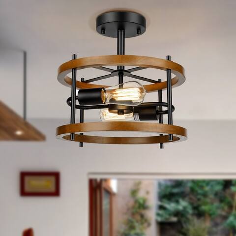2-Light Retro Semi Flush Mount Ceiling Light Fixture Wood Chandelier - 12.8x12.8"(Dia x H)