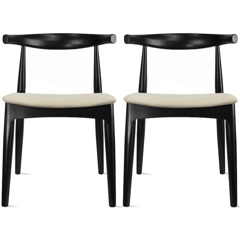 Set of 2 Kennedy Elbow Chairs Farmhouse Wooden Dining Chairs With PU Leather Or Fabric Cushion Seat, Modern Accent Side Chairs - Black Wood + Beige Fabric Seat
