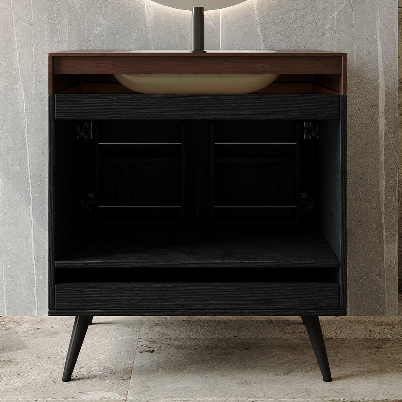 Contemporary 30" Freestanding Bathroom Vanity with Faux Marble Top & Ceramic Sink, Double Door Cabinet