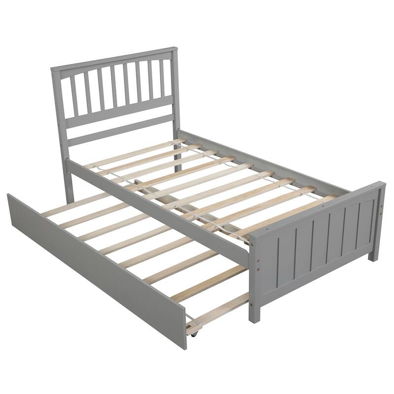 Gray Twin Size Platform Bed with Trundle, Solid Pine Wood Frame