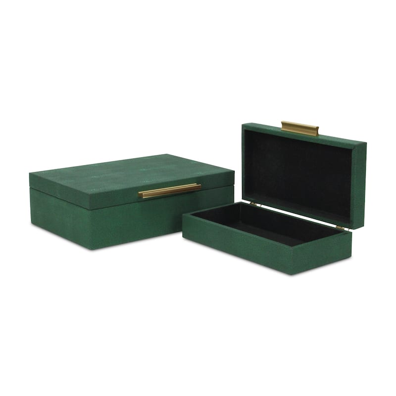 Handcrafted Faux Shagreen Decorative Boxes - 11.75" - Green and Gold - Set of 2
