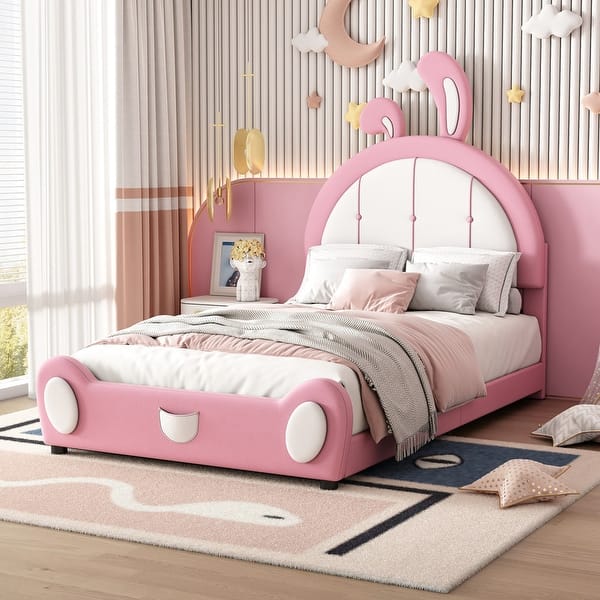 slide 2 of 24, Twin Size Upholstered Platform Bed with Ribbit Shaped Headboard, Cute Animal Shaped Bed Frame with Bed End Storage Pocket Pink