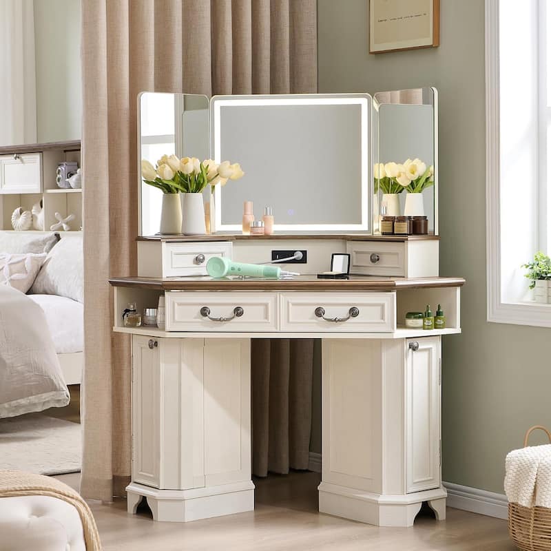 Makeup Vanity Desk with 3 Way Mirror, Glass Top & Charging Station