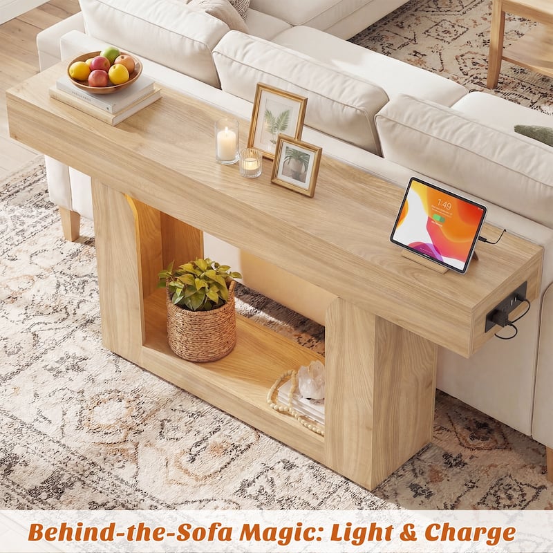63'' W Farmhouse Console Table with Chaging Station, Thick Sofa/ Entryway Table with Storage Shlef