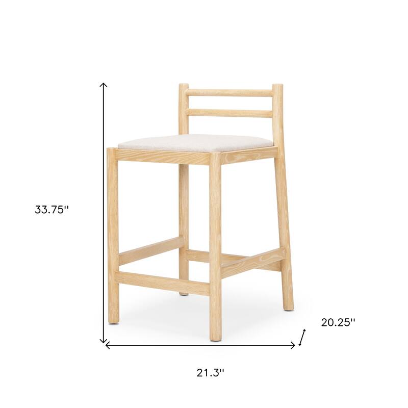 HomeRoots 26" Beige and Natural Fabric and Solid Wood Low Back Counter Height Bar Chair