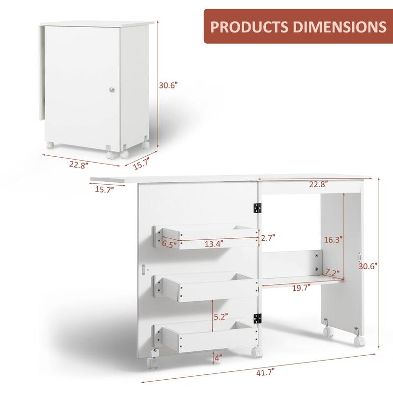 Folding Sewing Craft Table Rolling Sewing Cabinet with 3 Hidden Storage Bins, Shelf Storage Cabinet
