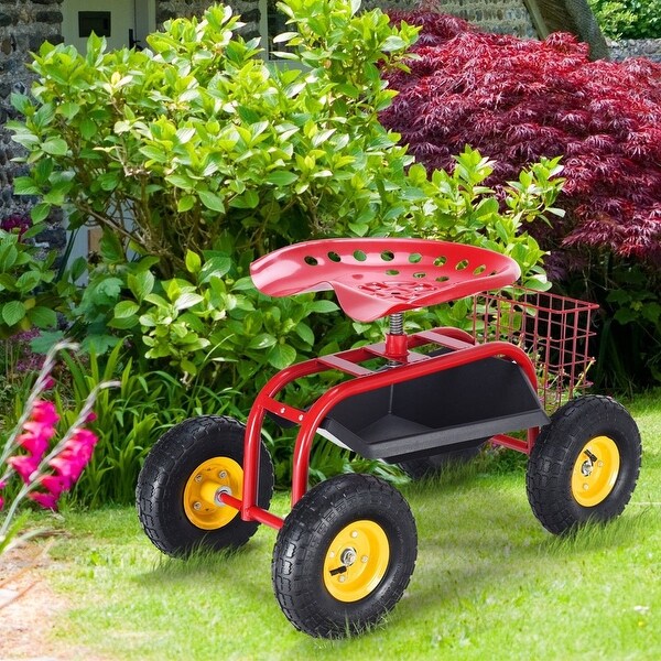 Shop Red Green Garden Cart Rolling Work Seat With Heavy Duty Tool Tray Gardening Planting Red Red Overstock 31721983