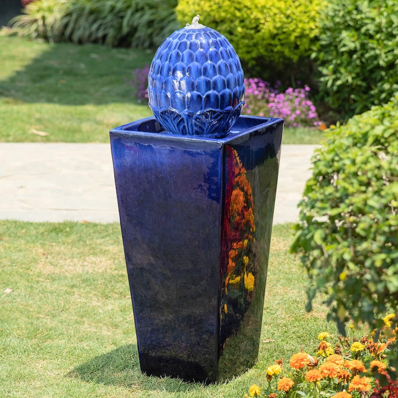 36"H Oversized Artichoke Pedestal LED Ceramic Fountain by Glitzhome