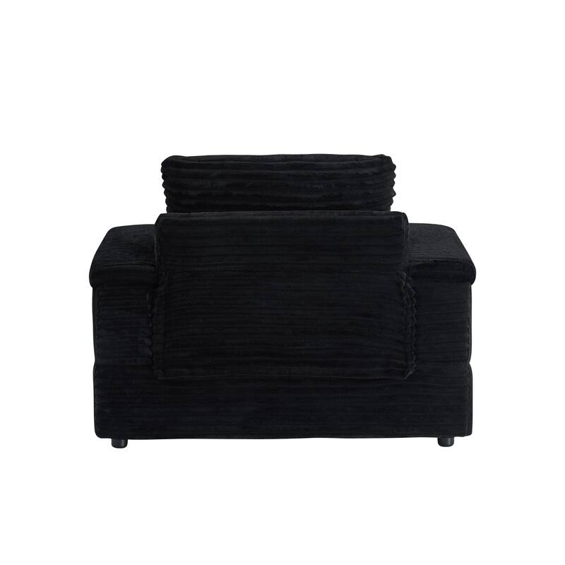 Black Corduroy Single Sofa with Pillows and Ottoman