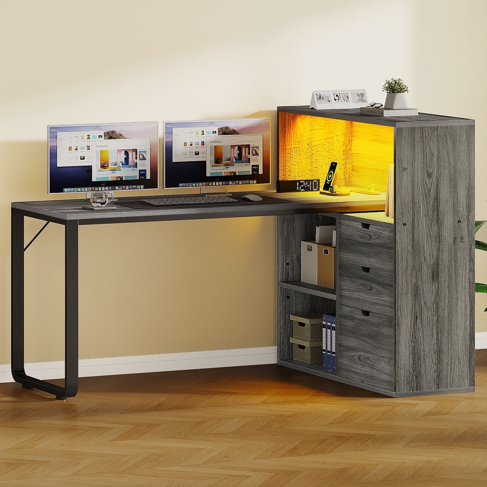 Moasis LED L-Shaped Desk with Drawers and Filing Cabinet, Home Corner Gaming Desk w/USB Ports