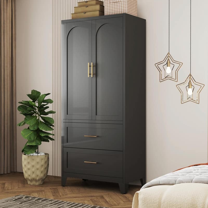 71" Tall Metal Wardrobe Cabinet with 2 Drawers, Hanging Rod, and 2 Doors, Wardrobe Closet with Shelf - Black