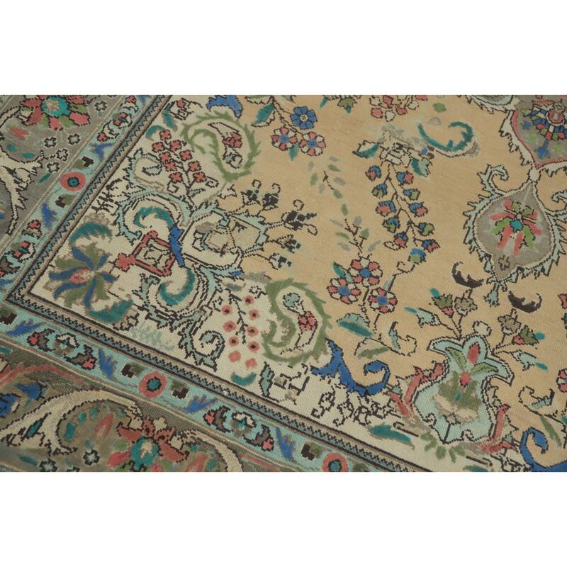 Hand Knotted Oriental 100% Wool Carpet Traditional Floral Beige & Ivories Tabriz Area Rug - 9' 5'' X 6' 5''