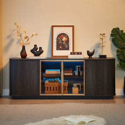 64-Inch Curved TV Stand‌ – Modern Wooden Stripe Cabinet with Aluminum-Framed Glass Doors