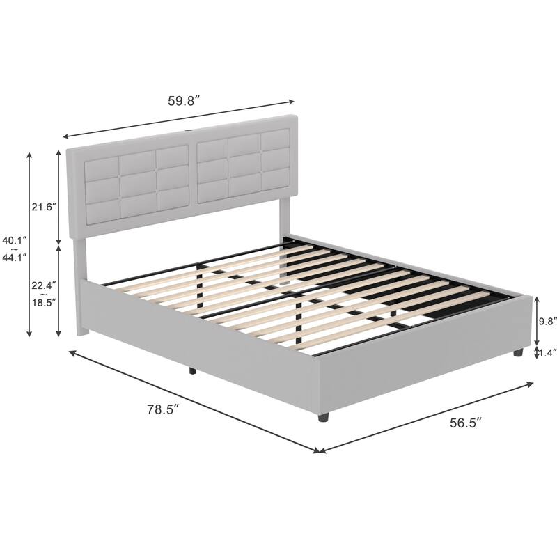 Javlergo Full Queen Size Bed Frame with USB Charging Station Adjustable Height Upholstered Headboard No Box Spring Needed